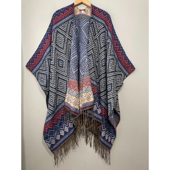 Merona One Size Boho Blanket Shawl Fringe Western Festival Ruana Southwest Aztec - Picture 1 of 5